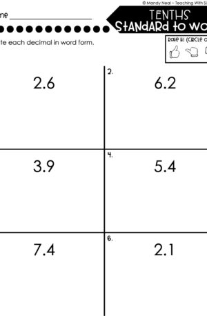 4th Grade Decimals – Tenths - Standard to Word Worksheet 1