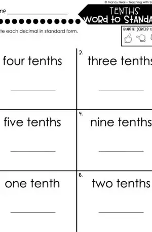 4th Grade Decimals – Tenths - Word to Standard Worksheet 1