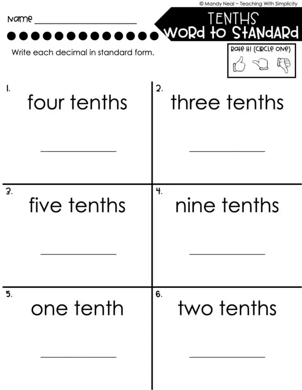 4th Grade Decimals – Tenths - Word to Standard Worksheet 1