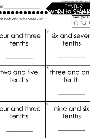 4th Grade Decimals – Tenths - Word to Standard Worksheet 2