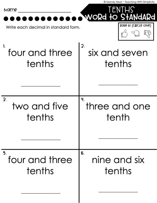 4th Grade Decimals – Tenths - Word to Standard Worksheet 2