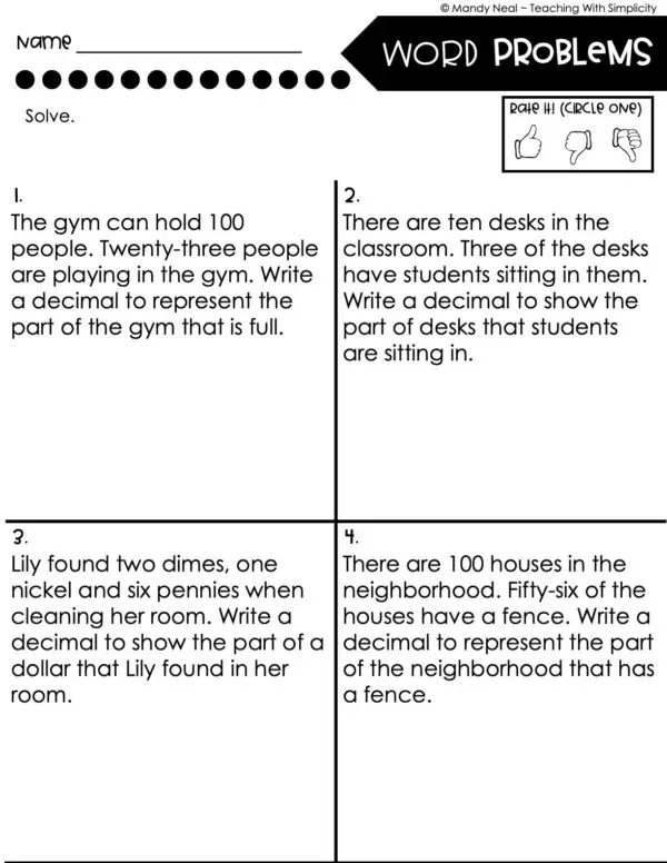 4th Grade Decimals – Word Problems Worksheet 1