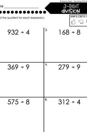 4th Grade Division – 3-Digit Division Worksheet 1