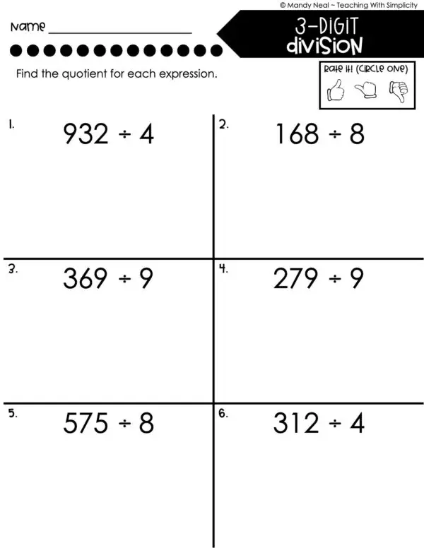 4th Grade Division – 3-Digit Division Worksheet 1