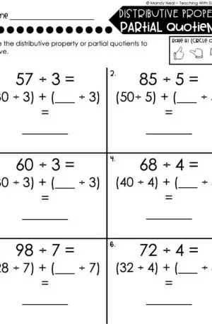 4th Grade Division – Distributive Property - Partial Quotients Worksheet 1