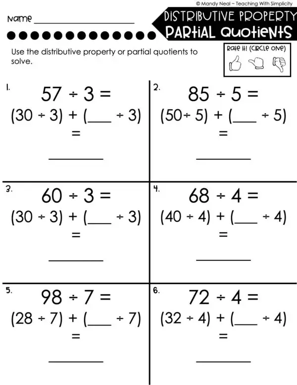 4th Grade Division – Distributive Property - Partial Quotients Worksheet 1