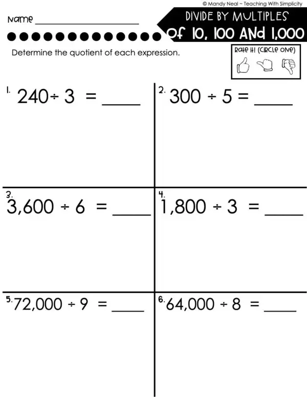 4th Grade Division – Divide by Multiples of 10, 100, and 1000 Worksheet 1