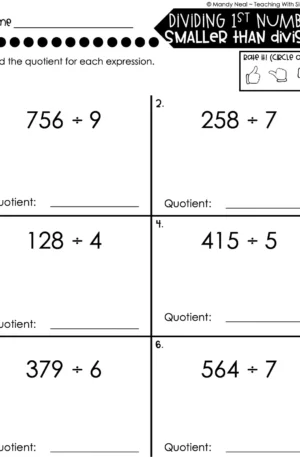 4th Grade Division – Dividing 1st Number Smaller than Divisor Worksheet 1