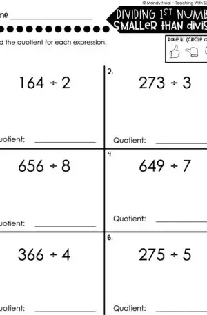 4th Grade Division – Dividing 1st Number Smaller than Divisor Worksheet 2