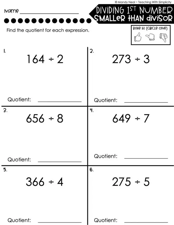 4th Grade Division – Dividing 1st Number Smaller than Divisor Worksheet 2