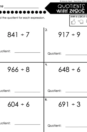 4th Grade Division – Quotients with Zeros Worksheet 1