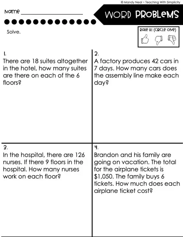 4th Grade Division – Word Problems Worksheet 1