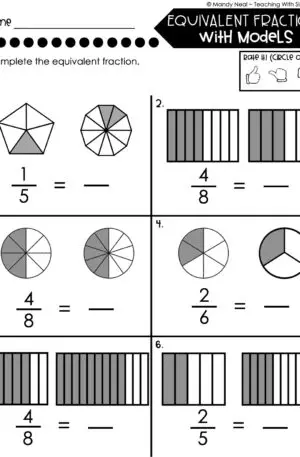 4th Grade Fractions – Equivalent Fractions with Models Worksheet 1