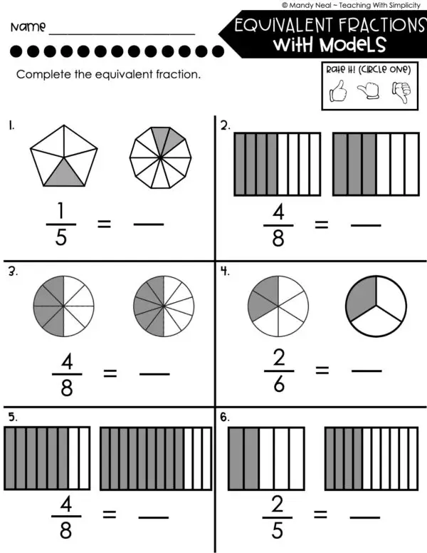 4th Grade Fractions – Equivalent Fractions with Models Worksheet 1