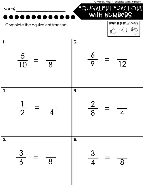 4th Grade Fractions – Equivalent Fractions with Numbers Worksheet 1