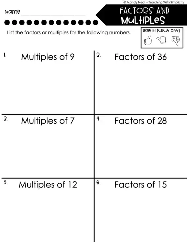 4th Grade Fractions – Factors and Multiples Worksheet 1