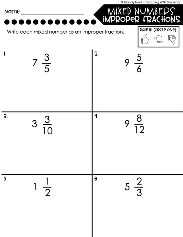 4th Grade Fractions – Mixed Numbers - Improper Fractions Worksheet 2