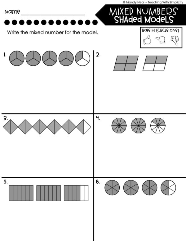 4th Grade Fractions – Mixed Numbers - Shaded Molecules Worksheet 1