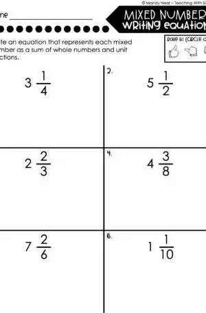 4th Grade Fractions – Mixed Numbers - Writing Equations Worksheet 1