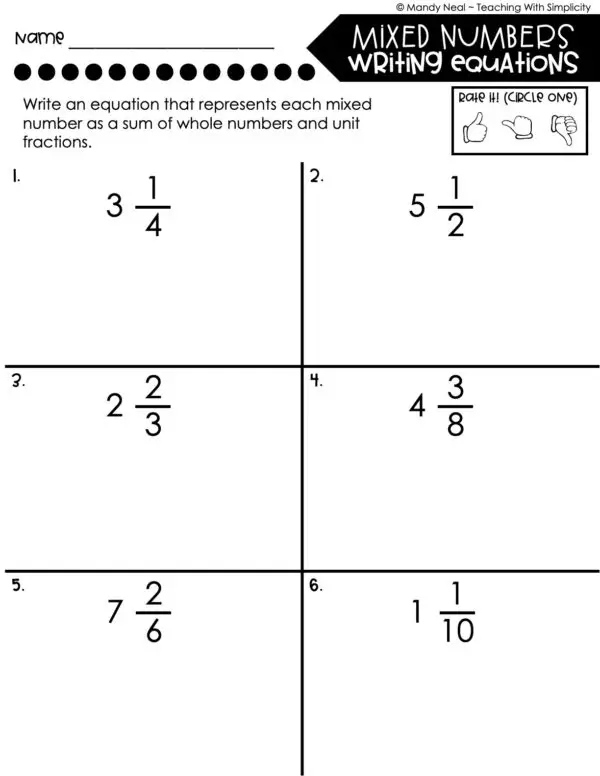 4th Grade Fractions – Mixed Numbers - Writing Equations Worksheet 1