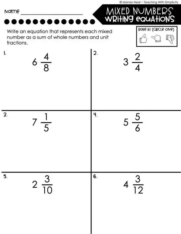 4th Grade Fractions – Mixed Numbers - Writing Equations Worksheet 2