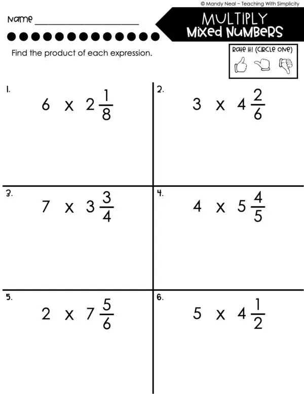 4th Grade Fractions – Multiply Mixed Numbers Worksheet 1