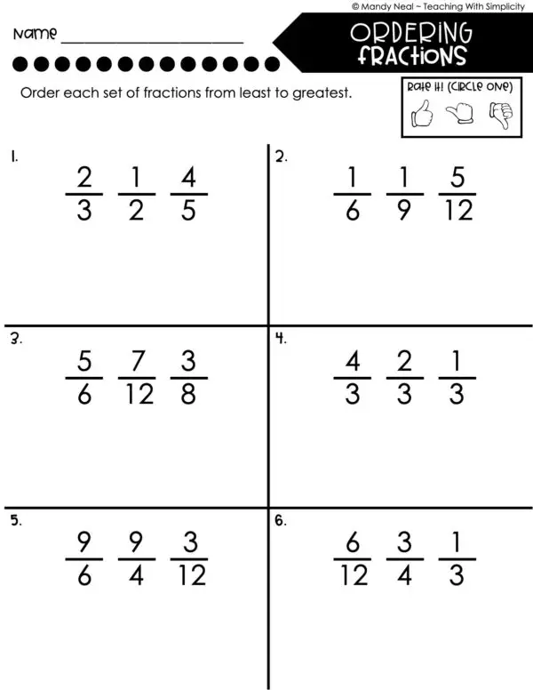 4th Grade Fractions – Ordering Fractions Worksheet 1