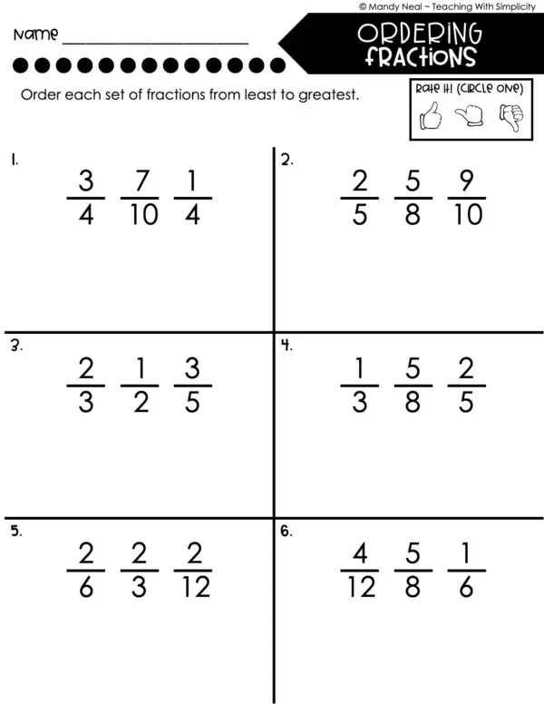 4th Grade Fractions – Ordering Fractions Worksheet 2