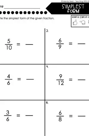 4th Grade Fractions – Simplest Form Worksheet 1