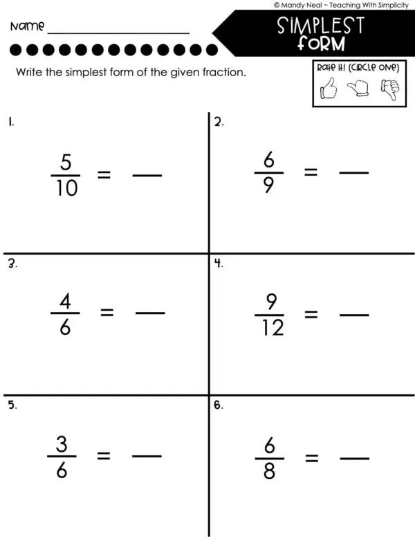 4th Grade Fractions – Simplest Form Worksheet 1