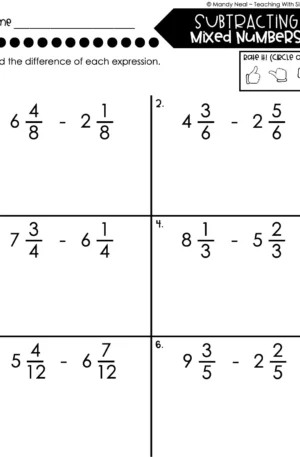 4th Grade Fractions – Subtracting Mixed Numbers Worksheet 1