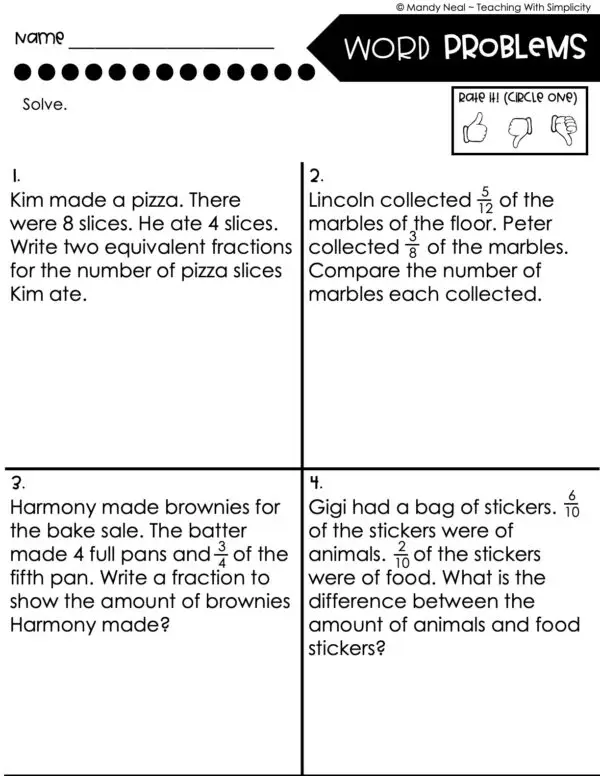 4th Grade Fractions – Word Problems Worksheet 2