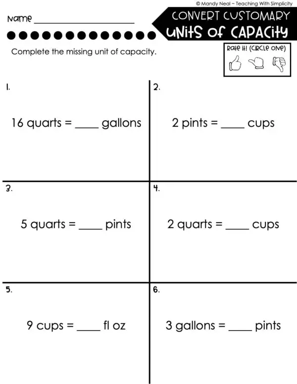 4th Grade Measurement – Convert Customary Units of Capacity Worksheet 1