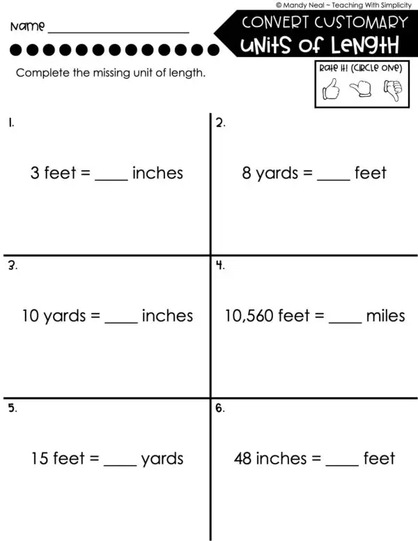 4th Grade Measurement – Convert Customary Units of Length Worksheet 1