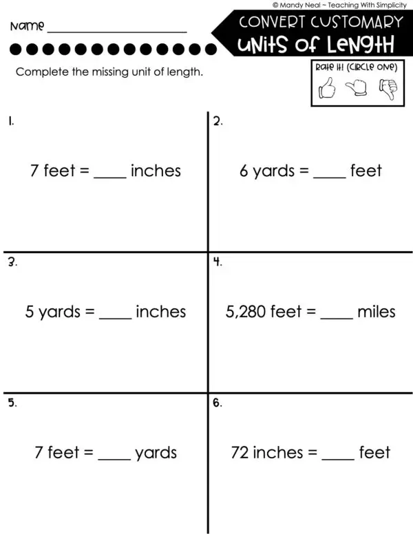 4th Grade Measurement – Convert Customary Units of Length Worksheet 2