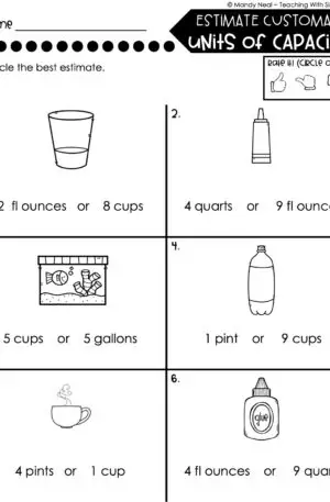 4th Grade Measurement – Estimate Customary Units of Capacity Worksheet 1