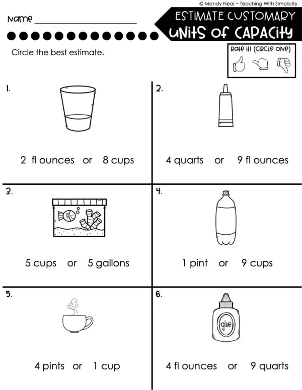 4th Grade Measurement – Estimate Customary Units of Capacity Worksheet 1