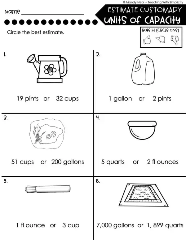 4th Grade Measurement – Estimate Customary Units of Capacity Worksheet 2