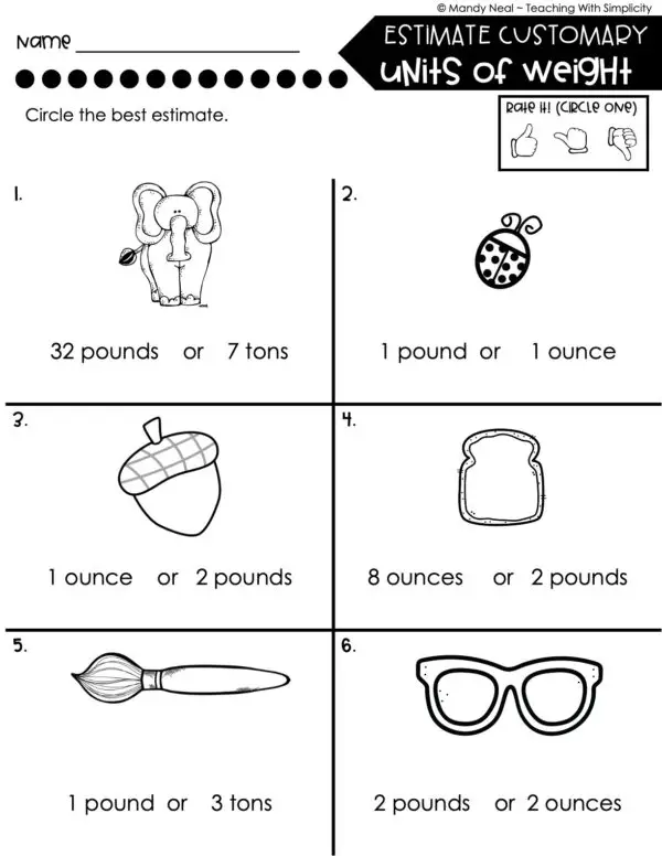 4th Grade Measurement – Estimate Customary Units of Weight Worksheet 1