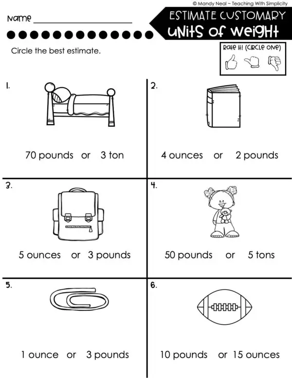 4th Grade Measurement – Estimate Customary Units of Weight Worksheet 2