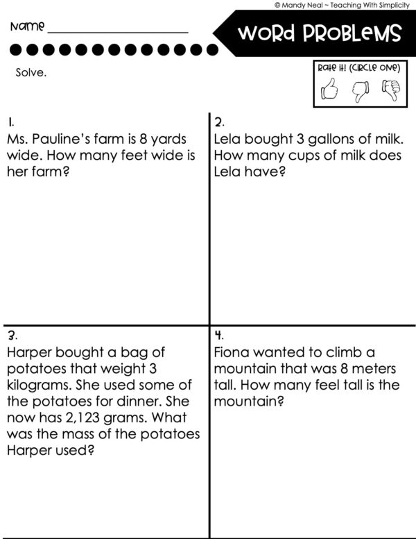 4th Grade Measurement – Word Problems Worksheet 1