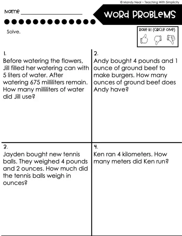 4th Grade Measurement – Word Problems Worksheet 2