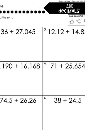 5th Grade Decimals – Add Decimals Worksheet 1