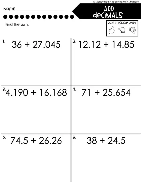 5th Grade Decimals – Add Decimals Worksheet 1