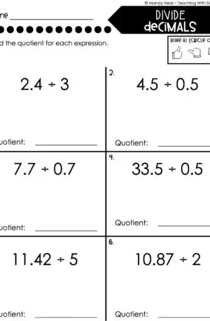 5th Grade Decimals – Divide Decimals Worksheet 1