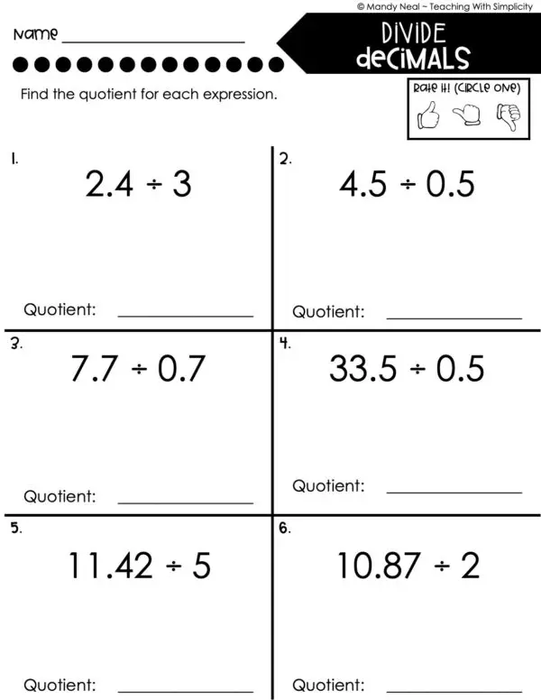 5th Grade Decimals – Divide Decimals Worksheet 1