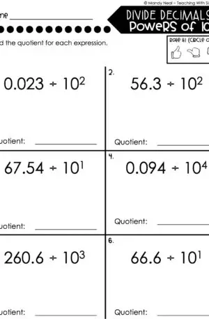 5th Grade Decimals – Divide Decimals by Powers of 10 Worksheet 1