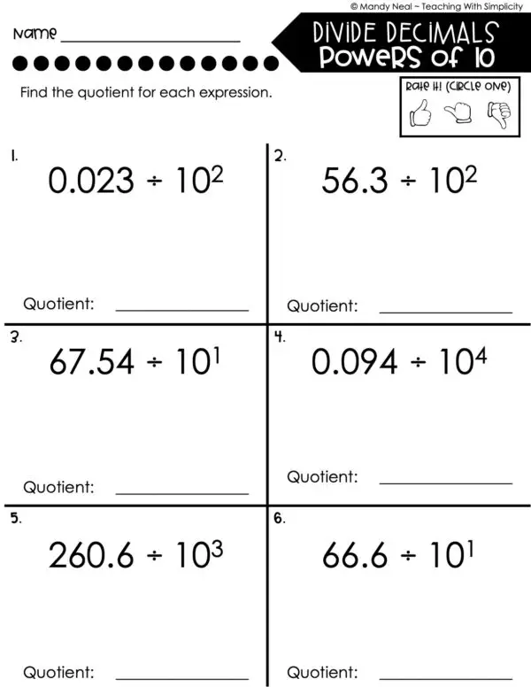 5th Grade Decimals – Divide Decimals by Powers of 10 Worksheet 1