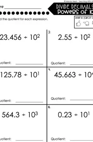 5th Grade Decimals – Divide Decimals by Powers of 10 Worksheet 2