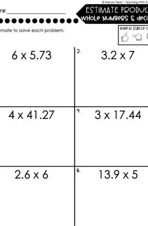 5th Grade Decimals – Estimate Products - Whole Numbers and Decimals Worksheet 1